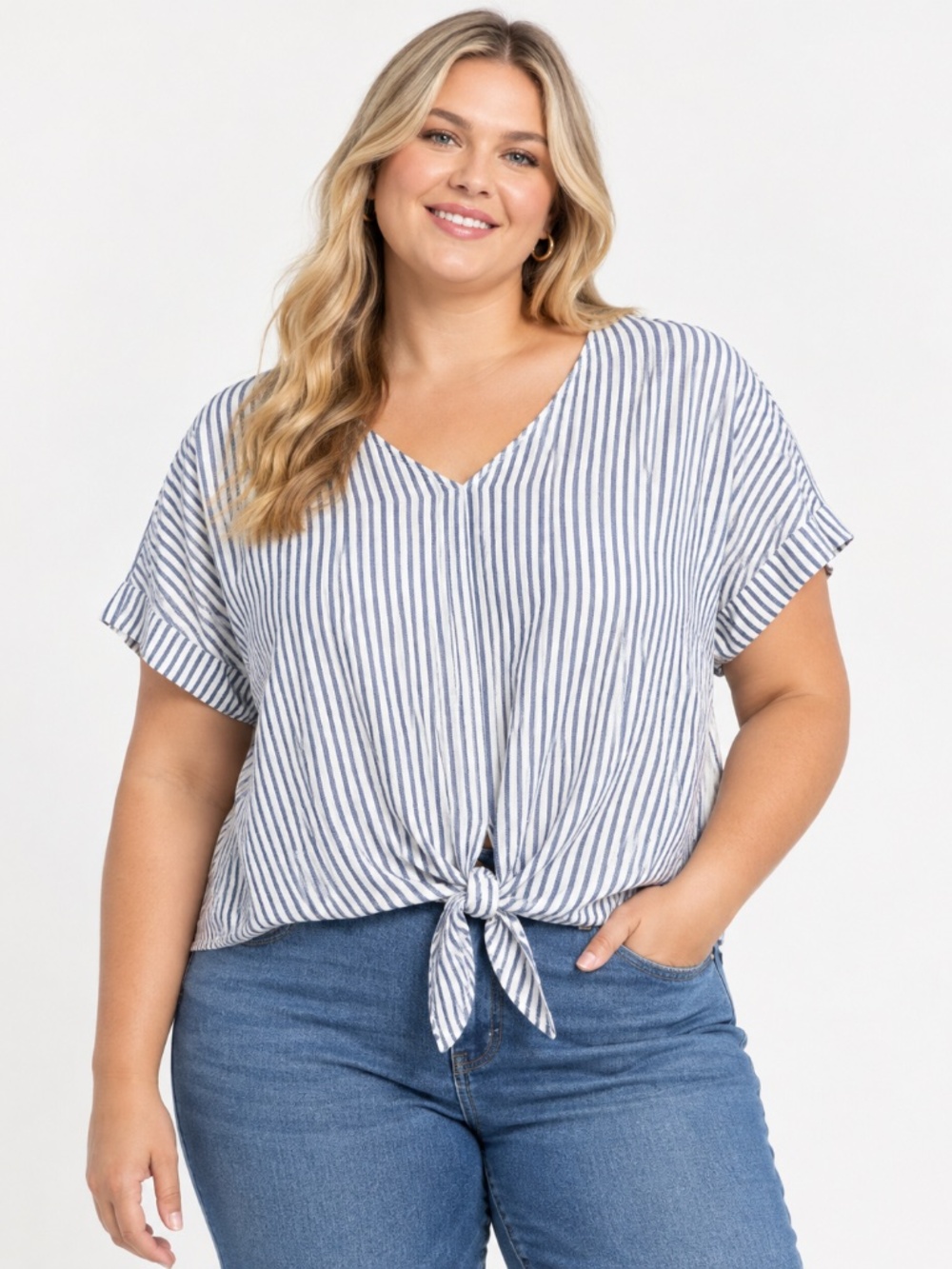 Madewell Novel Tie Front Top 3X T-Shirt Blue Striped Cropped Short Sleeve Blouse